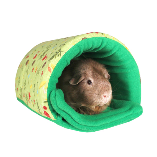 Green Autumn Pattern Squish Tunnel for Guinea Pigs, front side view with guinea pig