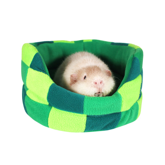 Green Patchwork Guinea Pig Cuddle Cup Bed, front view of the guinea pig cuddle cup with a guinea pig inside