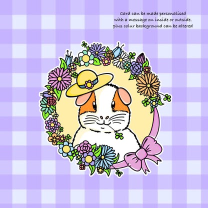 Floral Guinea Pig Greetings Card, purple background of the floral greeting card