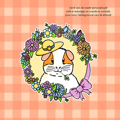 Floral Guinea Pig Greetings Card, orange background of the personalised card