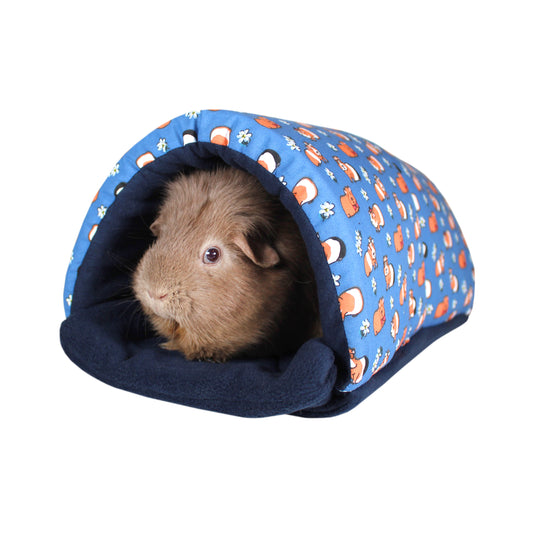 Navy Blue Guinea Pig Pattern Snuggle Tunnel, front view showing a guinea pig inside the squish tunnel