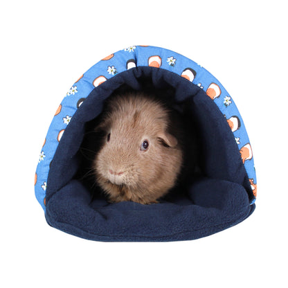 Navy Blue Guinea Pig Pattern Snuggle Tunnel, front view of the snuggle tunnel with a guinea pig inside