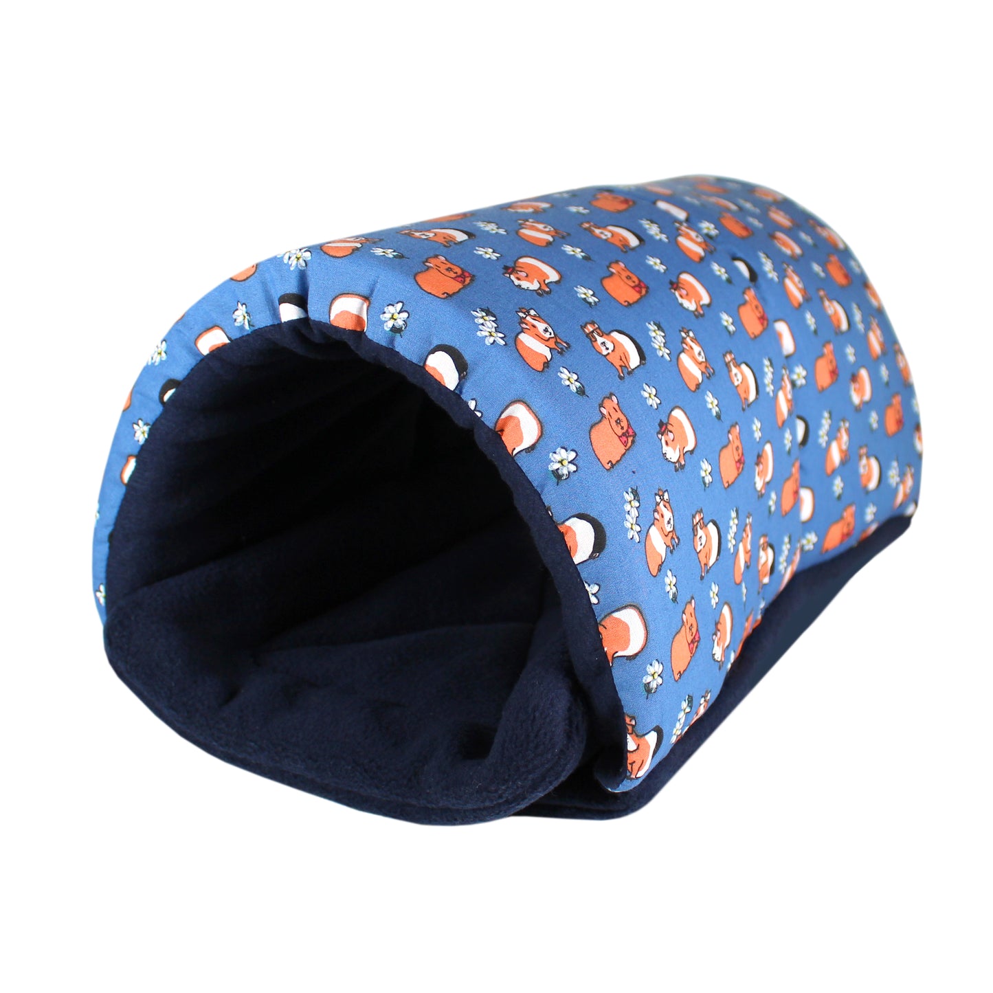 Navy Blue Guinea Pig Pattern Snuggle Tunnel, front side view of the tunnel for guinea pigs thats empty