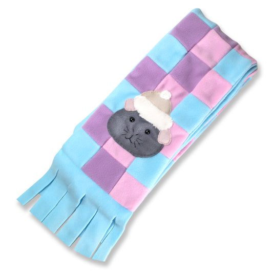Handcrafted Guinea Pig Patchwork Fleece Scarf, Showing the guinea pig face
