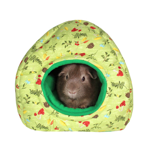 Green Mushroom Hidey Hut For Guinea Pigs, front view with guinea pig