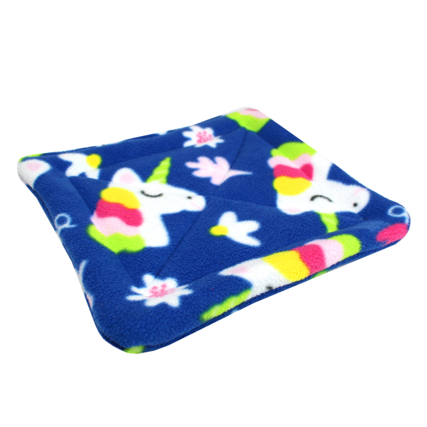 Pair Of Absorbent Unicorn Square Fleece Pee Pads For Guinea Pigs, close up view to see the quality of the stitching on the wee wee mat