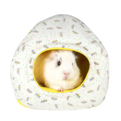 Bee Pattern Guinea Pig Hidey Hut, front view with guinea pig