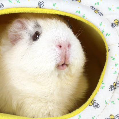 Bee Pattern Guinea Pig Hidey Hut, close up front view of the opening with guinea pig