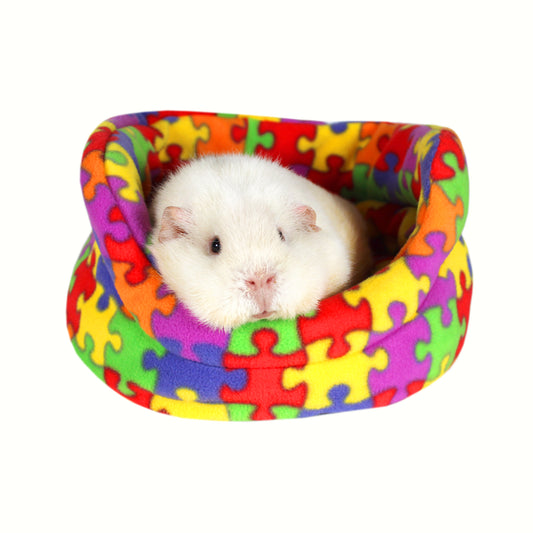 Jigsaw Puzzle Guinea Pig Bed, front view with guinea pig inside the cuddle cup