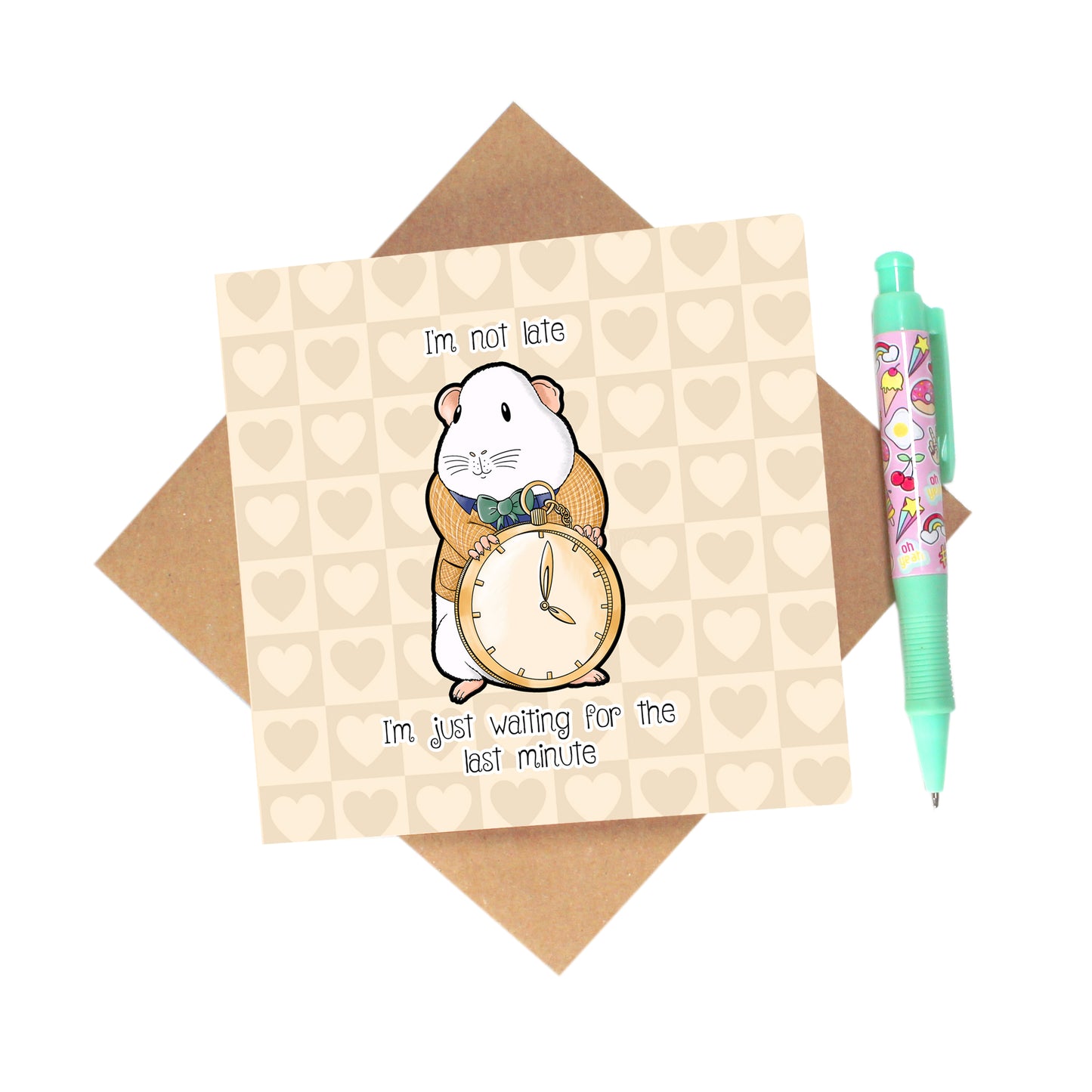 Guinea Pig Is Late For An Important Date - Greetings Card, front view showing the white rabbit guinea pig design