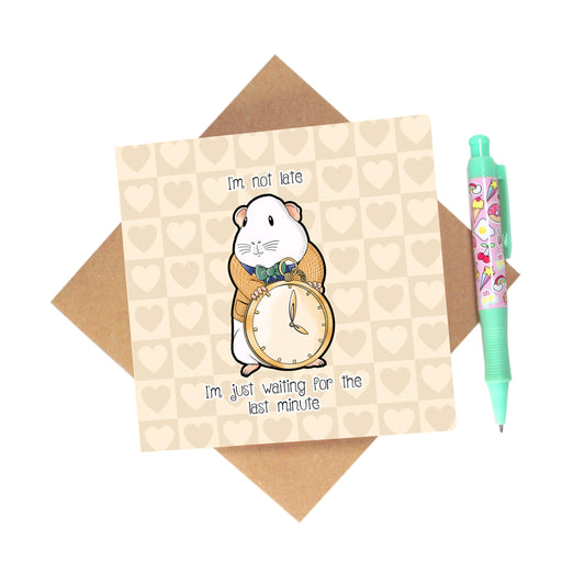 Guinea Pig Is Late For An Important Date - Greetings Card, front view showing the white rabbit guinea pig design