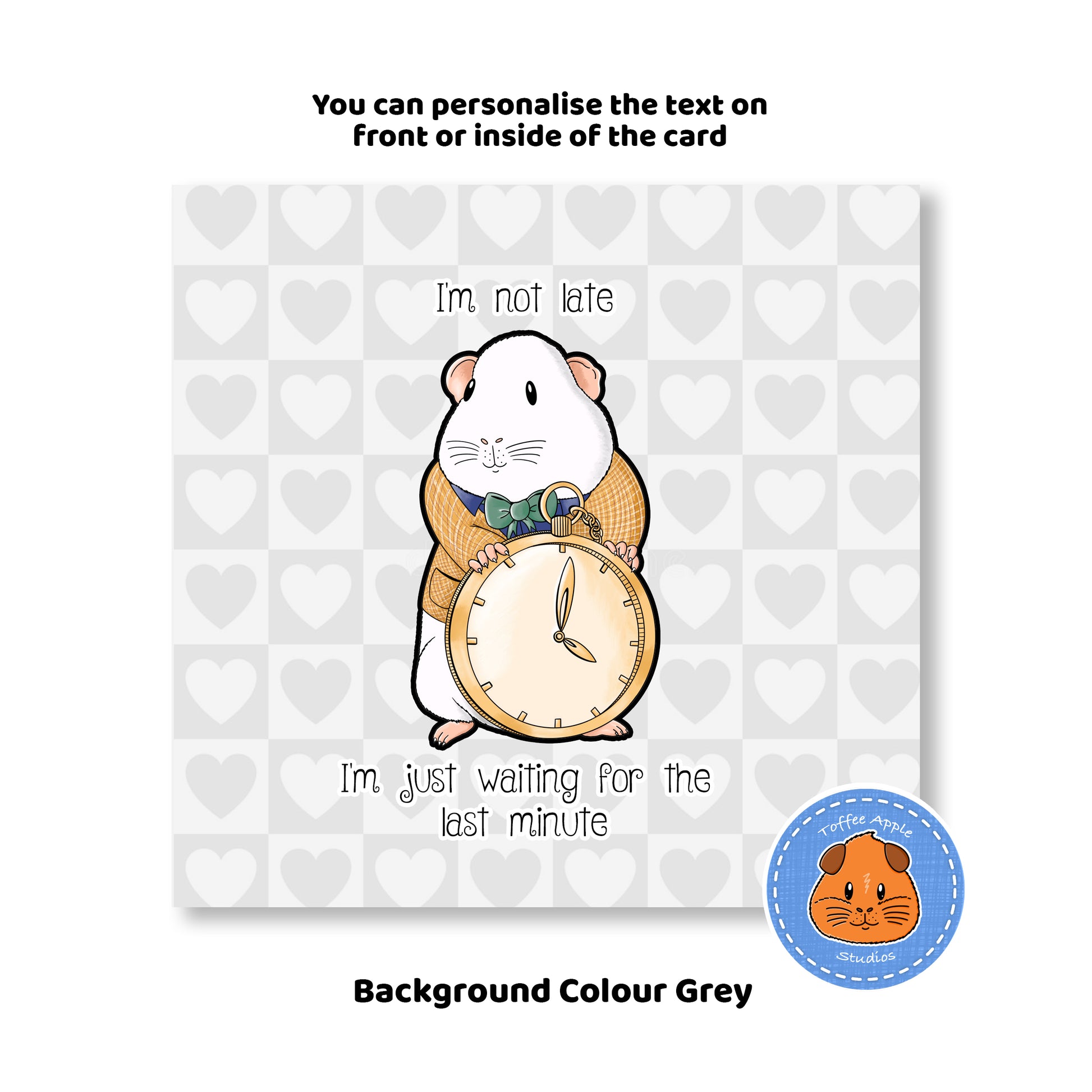 Guinea Pig Is Late For An Important Date - Greetings Card, front view showing grey background of the birthday card