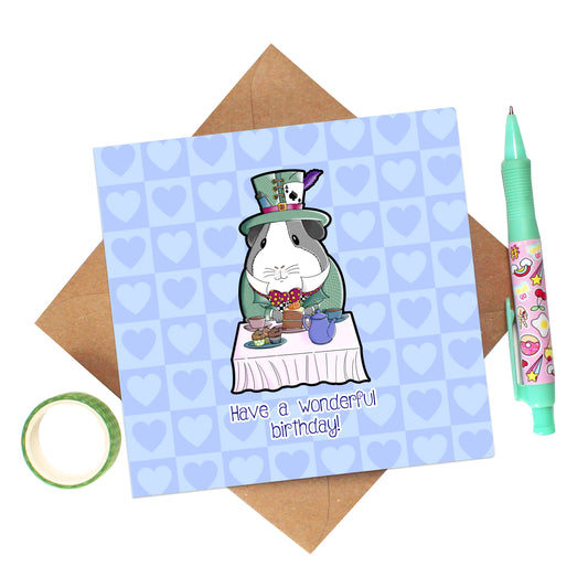 Mad Hatter Guinea Pig Birthday Card, front view of the birthday wishes card