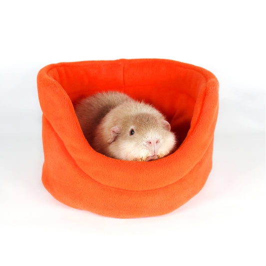 Orange Cuddle Cup Bed with a happy guinea pig snuggled inside