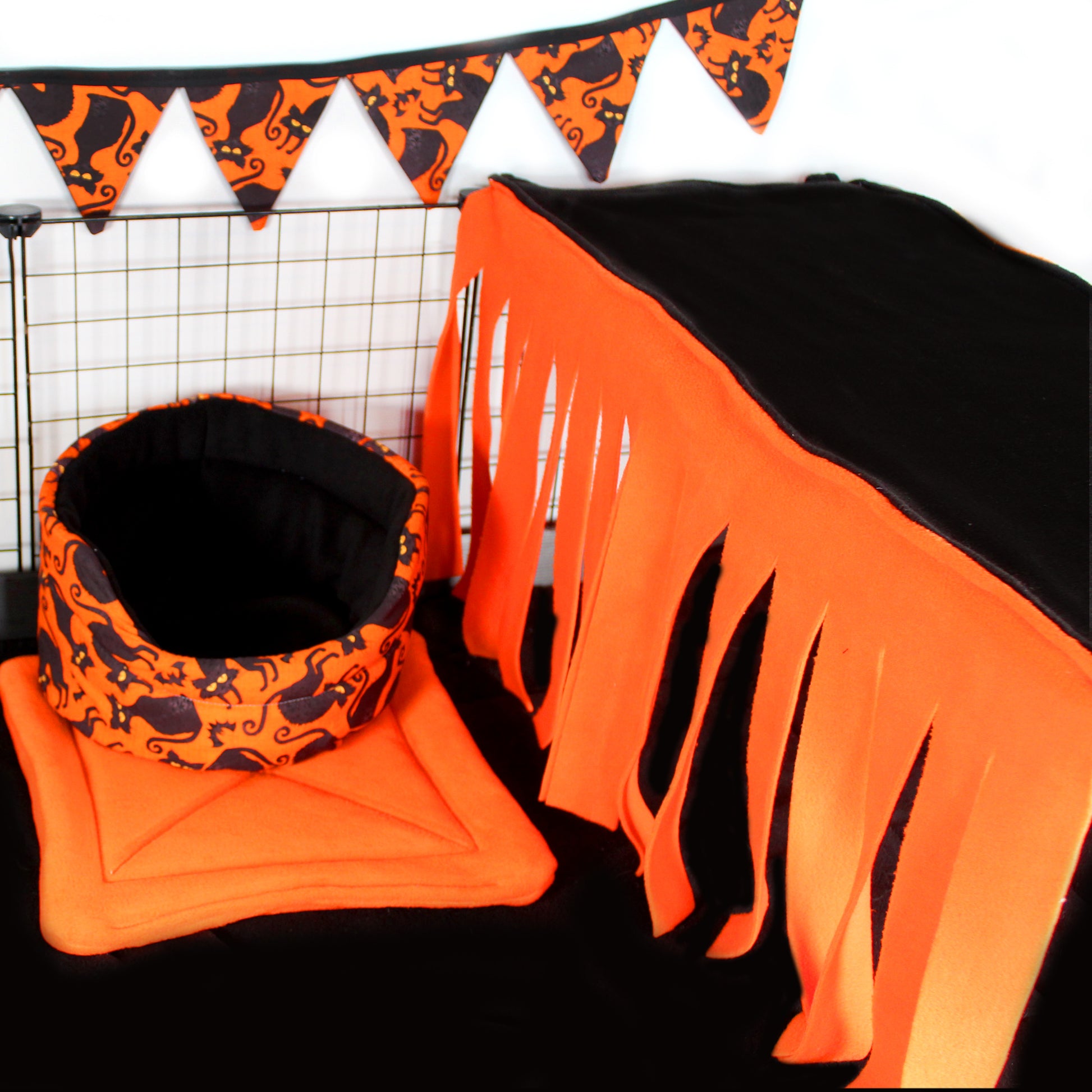 Orange and Black Large Fleece Forest, with a halloween themed cuddled cup bed showing how to add to the over all theme