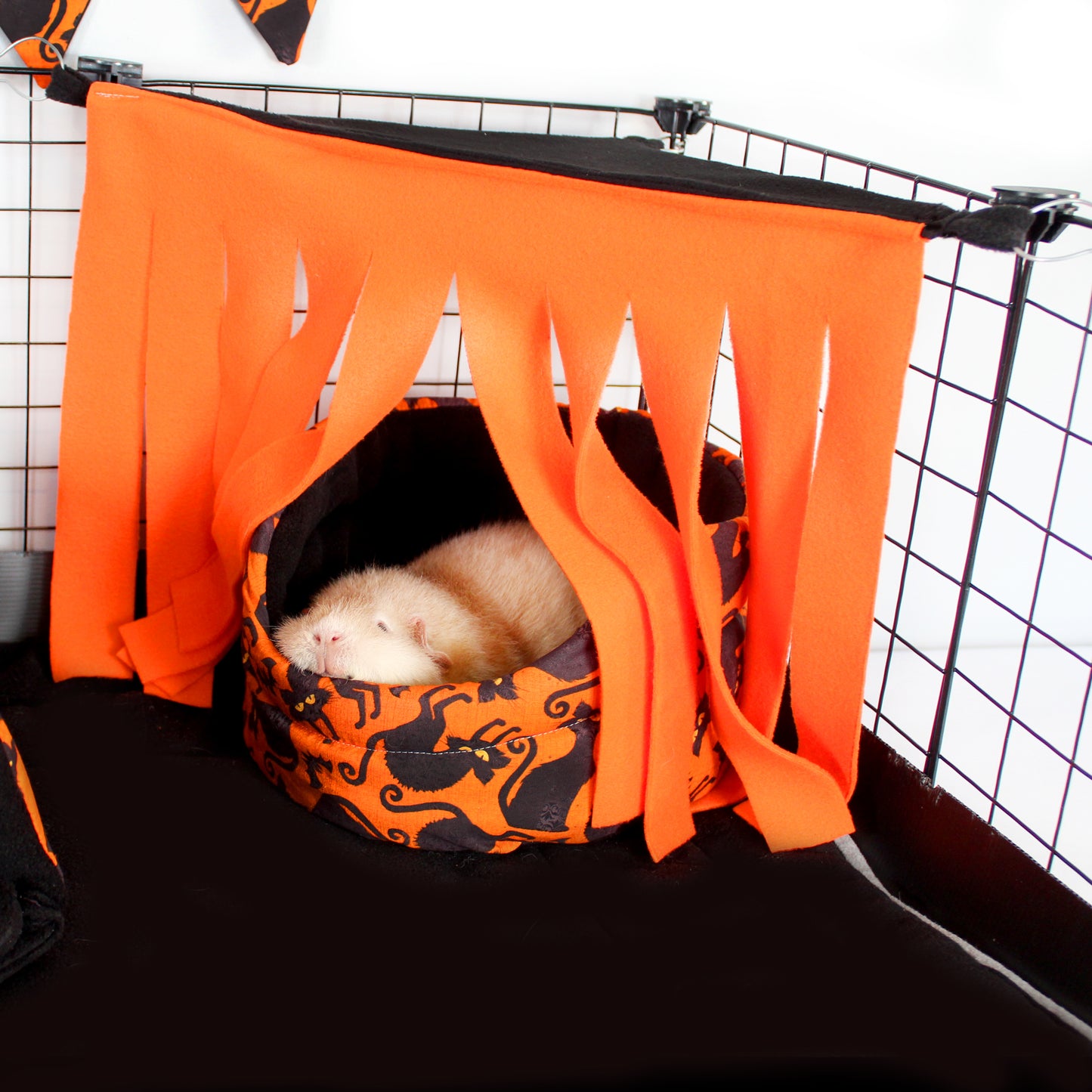 Black & Orange Corner Fleece Forest, over the top of a cuddle cup bed creating the perfect safe hideaway for the guinea pig sleeping inside