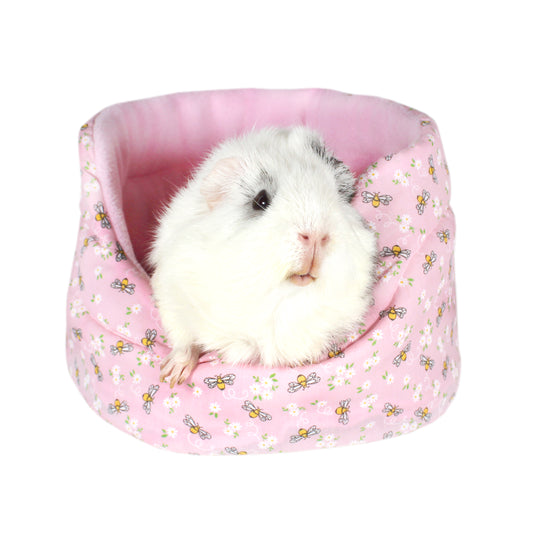 Pink Bee Pattern Guinea Pig Bed, front view with guinea pig