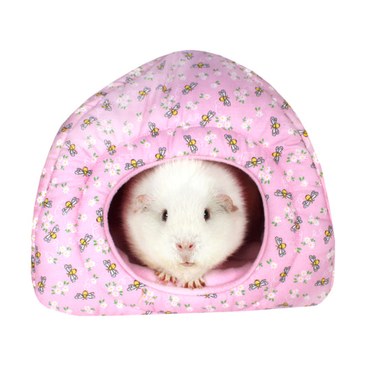 Pink Bee Guinea Pig Hidey Hut, front view with guinea pig