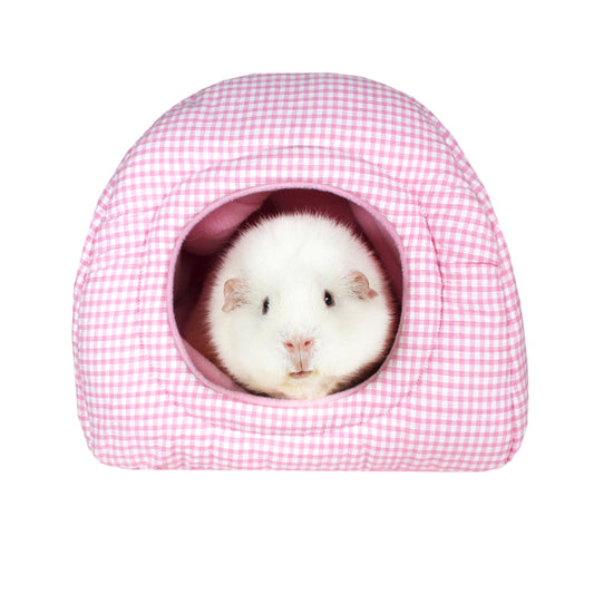 Pink Gingham Guinea Pig Hidey House, front view with guinea pig