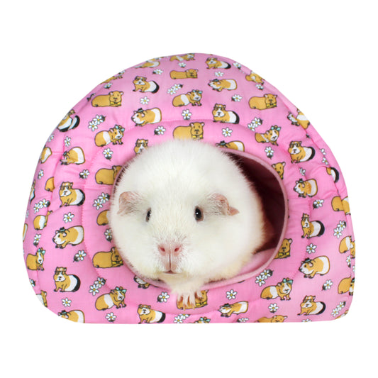 Pink Guinea Pig Pattern Hidey Hut, front view with guinea pig