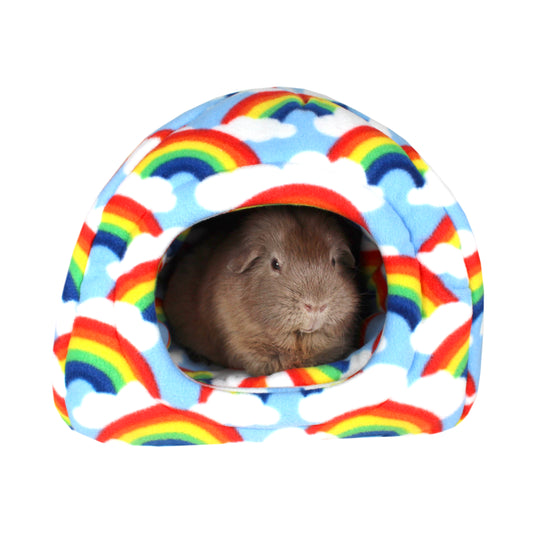 Rainbow Fleece Hidey House for Guinea Pigs, front view with guinea pig