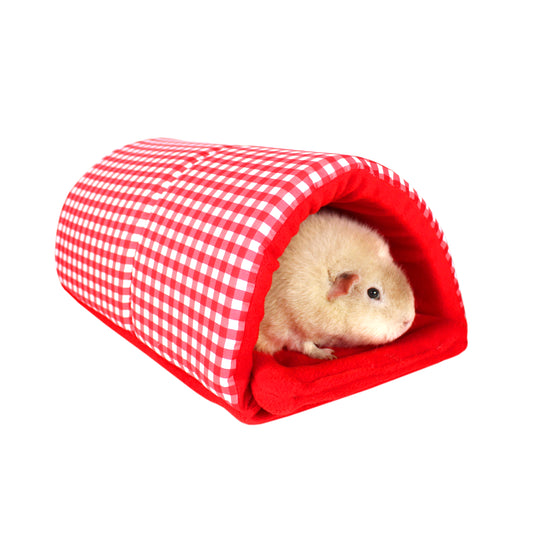 Red Gingham Snuggle Tunnel, front view of the foam tunnel with a guinea pig inside