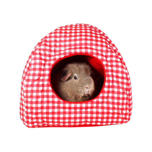 Red Gingham Hidey House, front view of the hide hut with a guinea pig inside