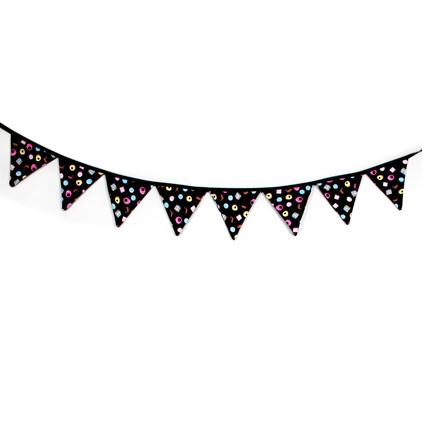 Large Liquorice Allsorts Bunting, full view of the bunting shown hanging