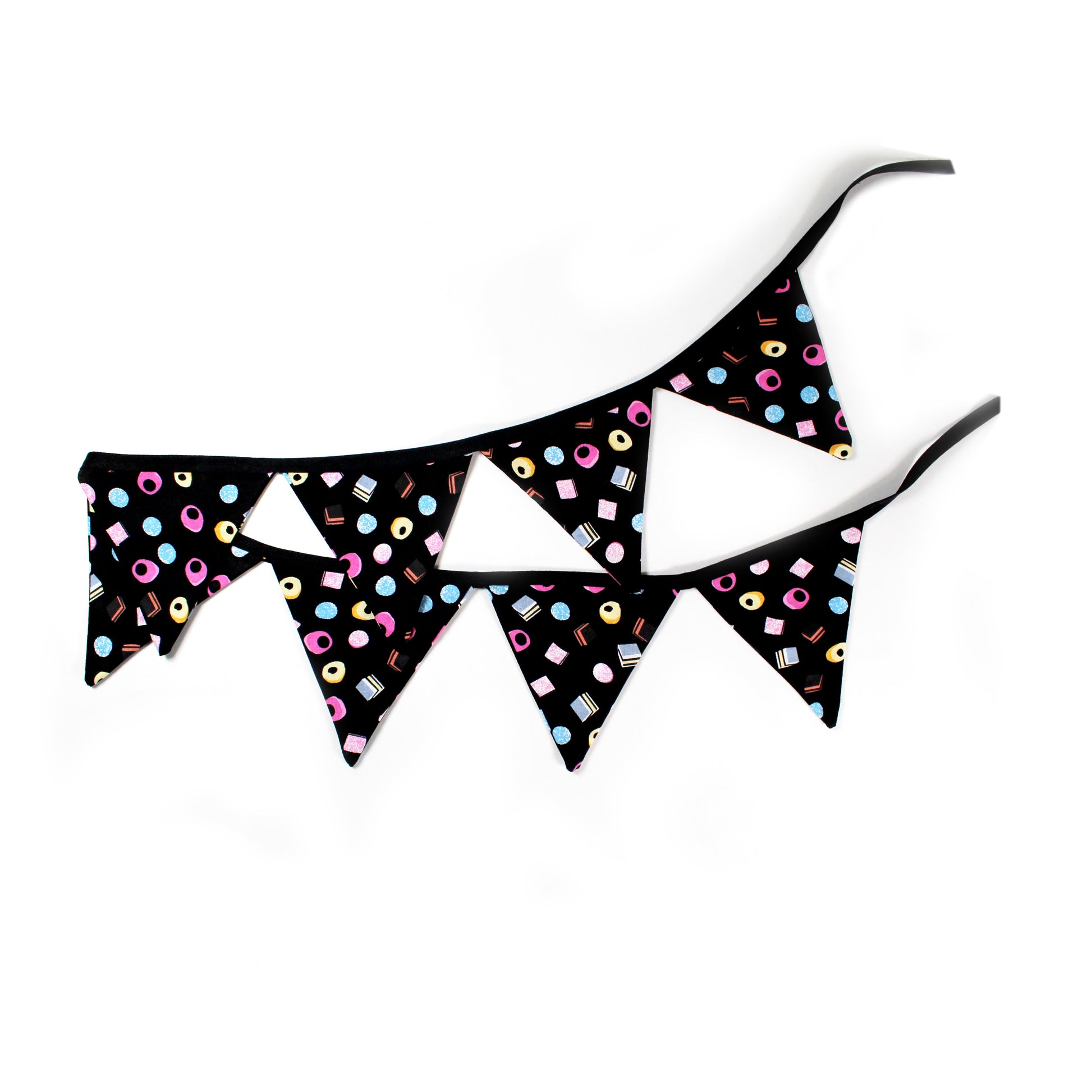 Large Liquorice Allsorts Bunting, full view of the banner folded  so all 8 flags are shown