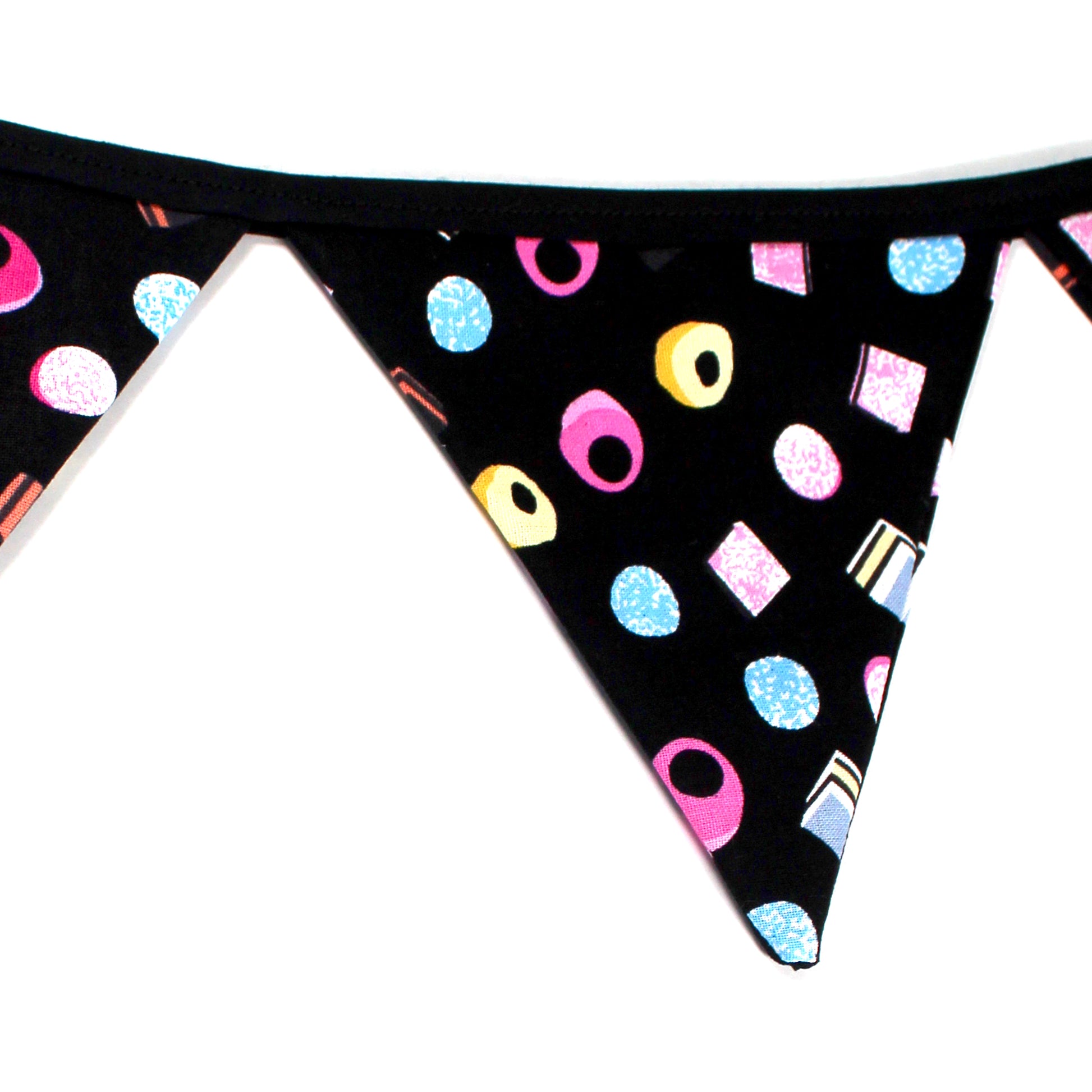 Large Liquorice Allsorts Bunting, close up of the flag showing the candy pattern