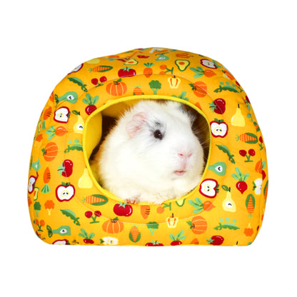 Fruit and Vegetable Hidey House For Guinea Pigs, front view with guinea pig