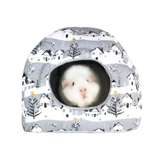 Grey Winter Village Guinea Pig Hidey House, front view with guinea pig
