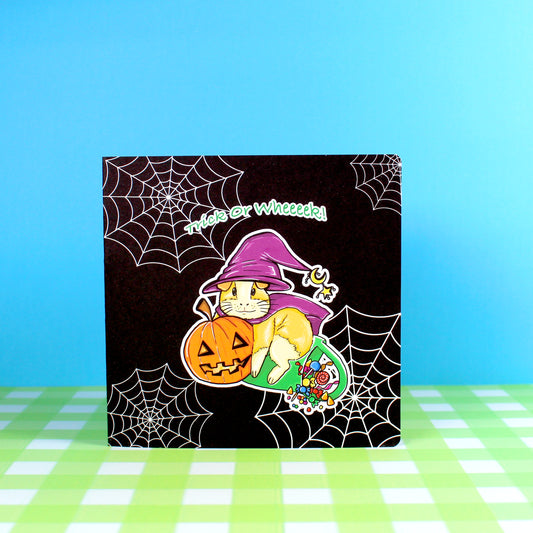 Halloween Guinea Pig Witch Greetings Card, front view of the personalised card