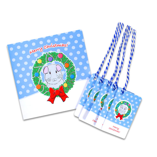 Guinea Pig In a Festive Wreath - Greetings Card & 5 Gift Tags