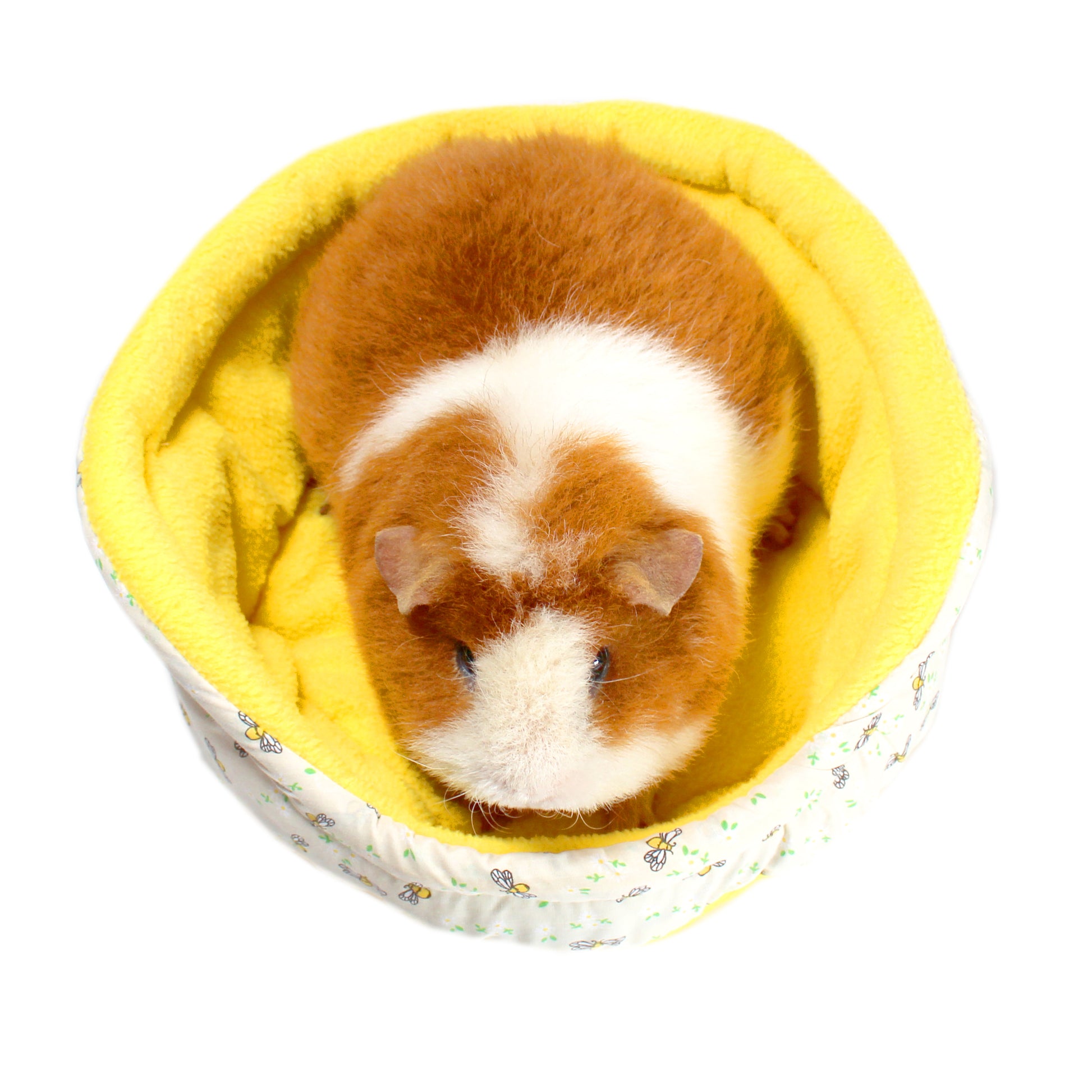 Yellow Bee Pattern Bed for Guinea Pigs, top view with guinea pig